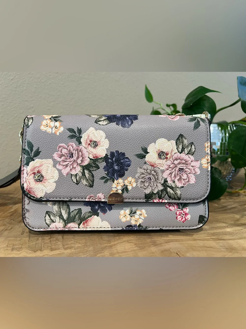 Nine West Gray Floral Wallet Clutch with Pink & Blue Accents